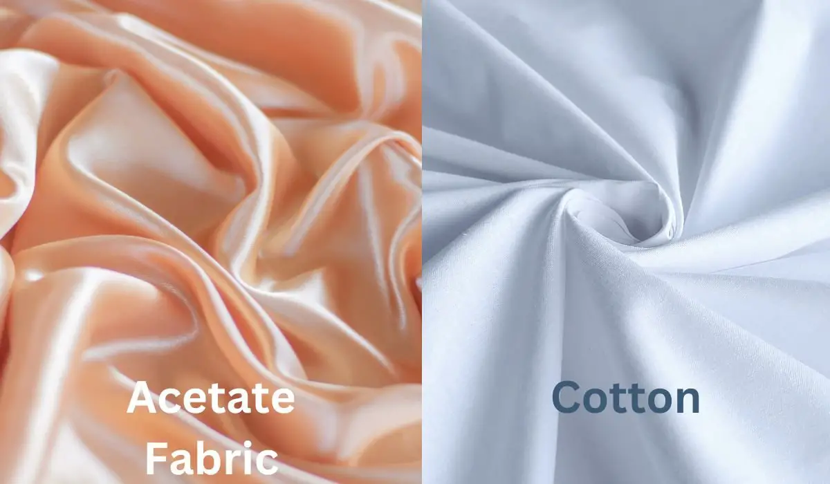 Side by side comparison of acetate fabric and cotton fabric showing the difference between shiny satin like acetate and matte woven cotton