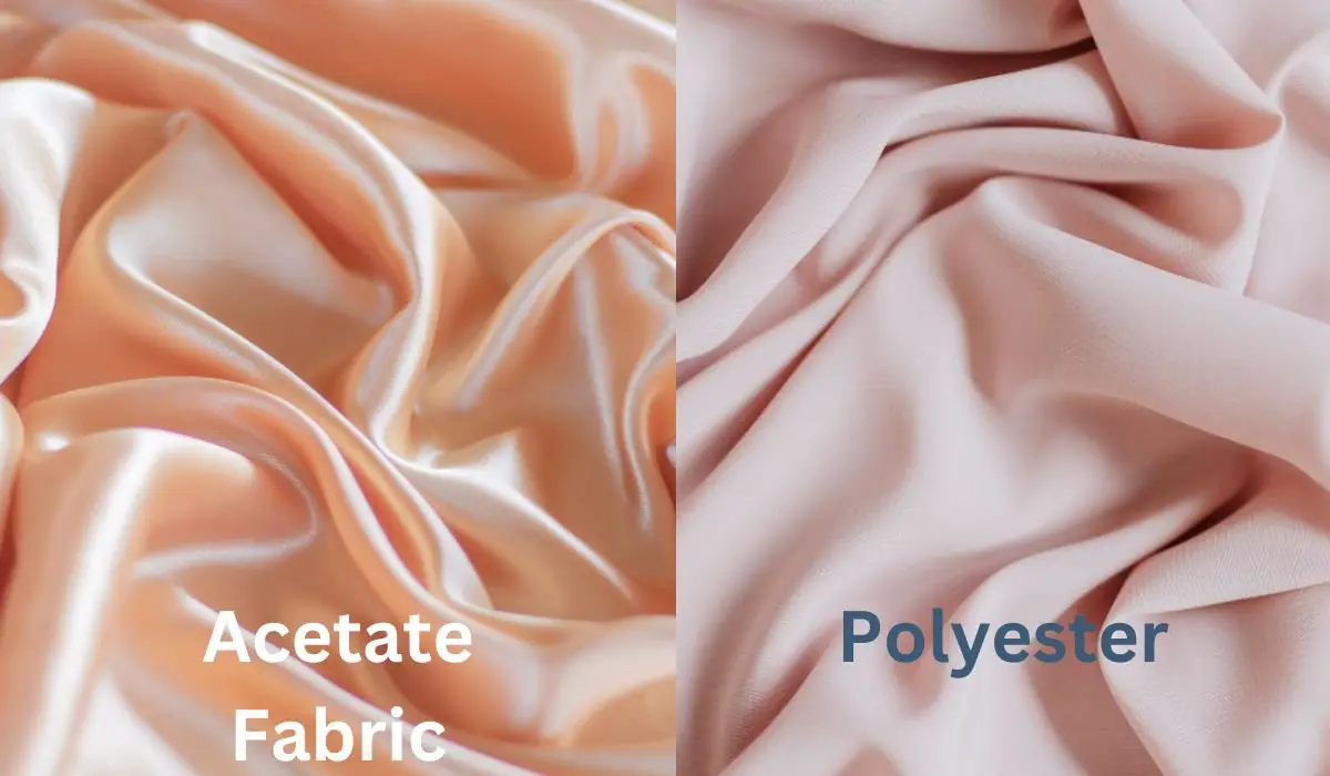 Side by side comparison of acetate fabric and polyester fabric highlighting the difference between glossy satin acetate and matte textured polyester