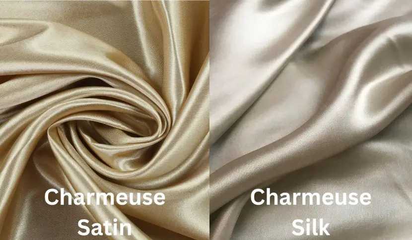 Side by side comparison of charmeuse satin and charmeuse silk showing differences in sheen, texture, and drape