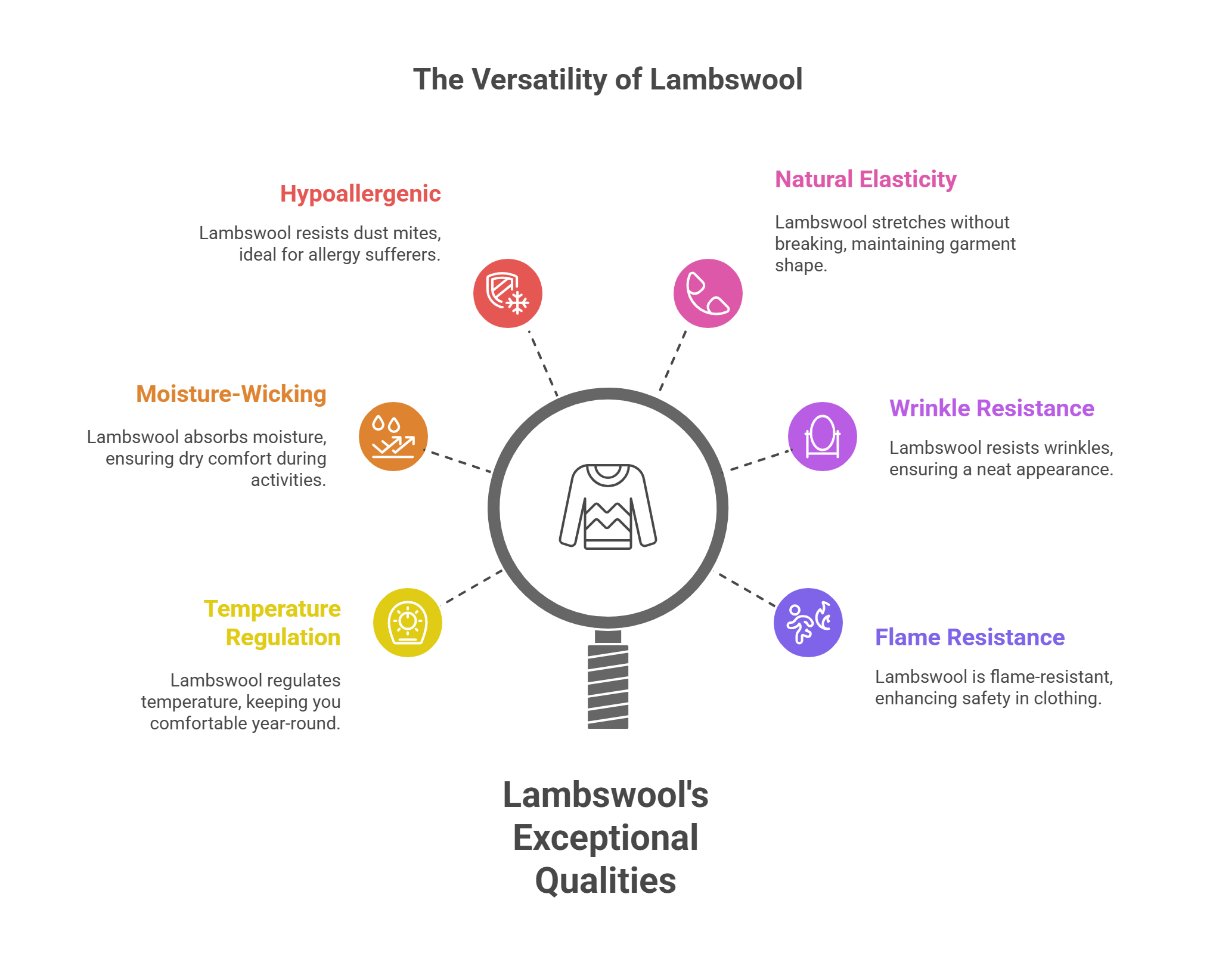 Infographic showing lambswool properties including warmth, elasticity, moisture control, and wrinkle resistance