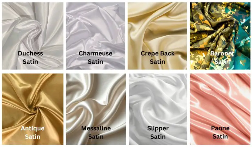 Grid of eight satin fabrics including duchess satin, charmeuse satin, crepe back satin, baronet satin, antique satin, messaline satin, slipper satin, and panne satin