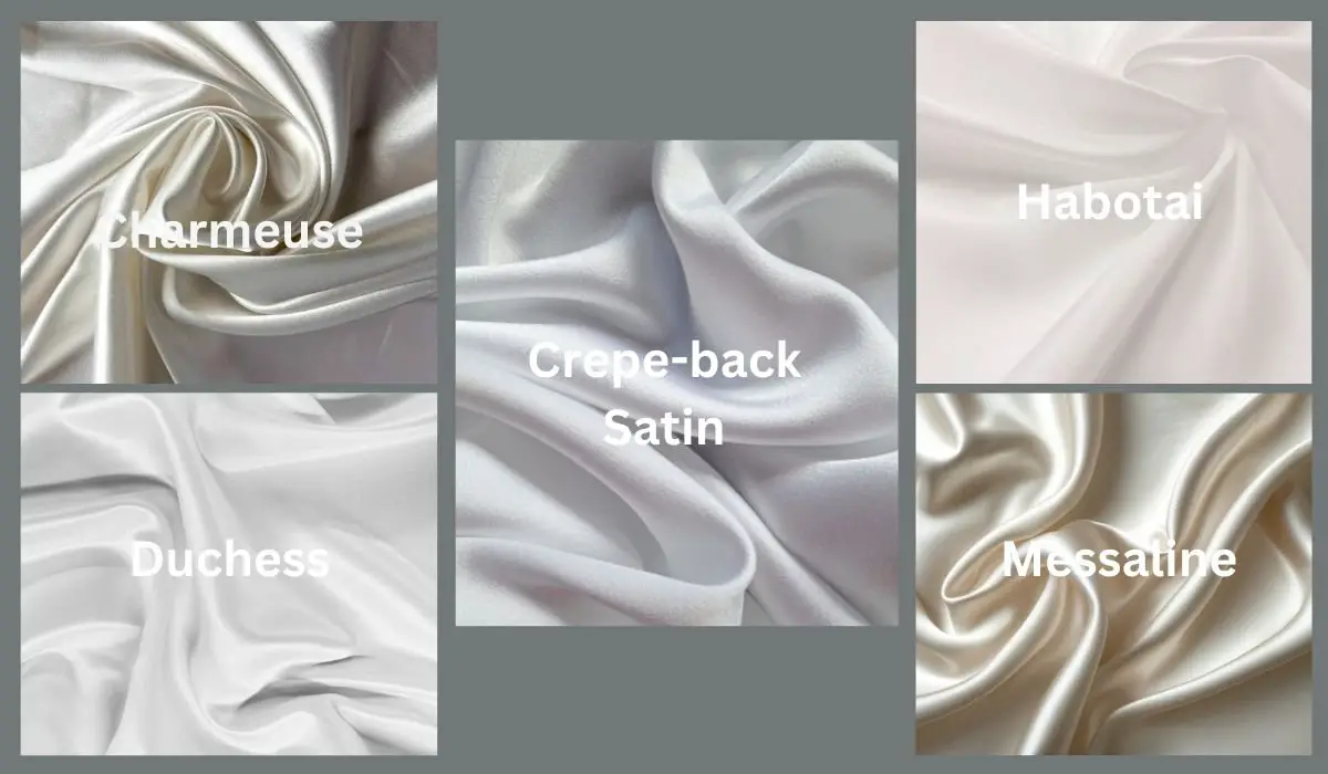 Collage of silk satin varieties including charmeuse, duchess, crepe back satin, habotai and messaline