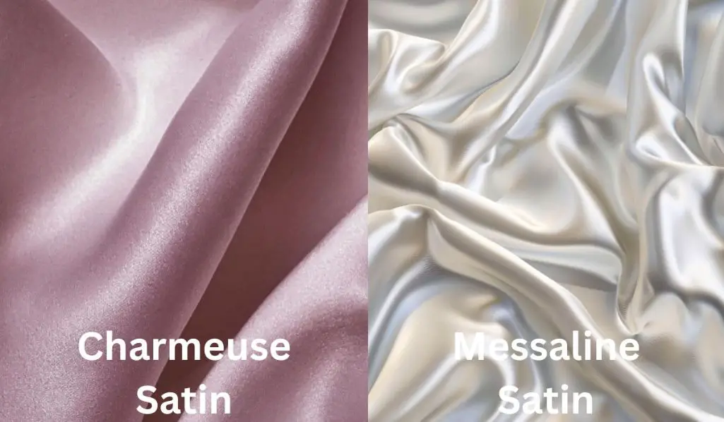 Side by side comparison of Messaline satin and Charmeuse satin showing differences in shine and texture