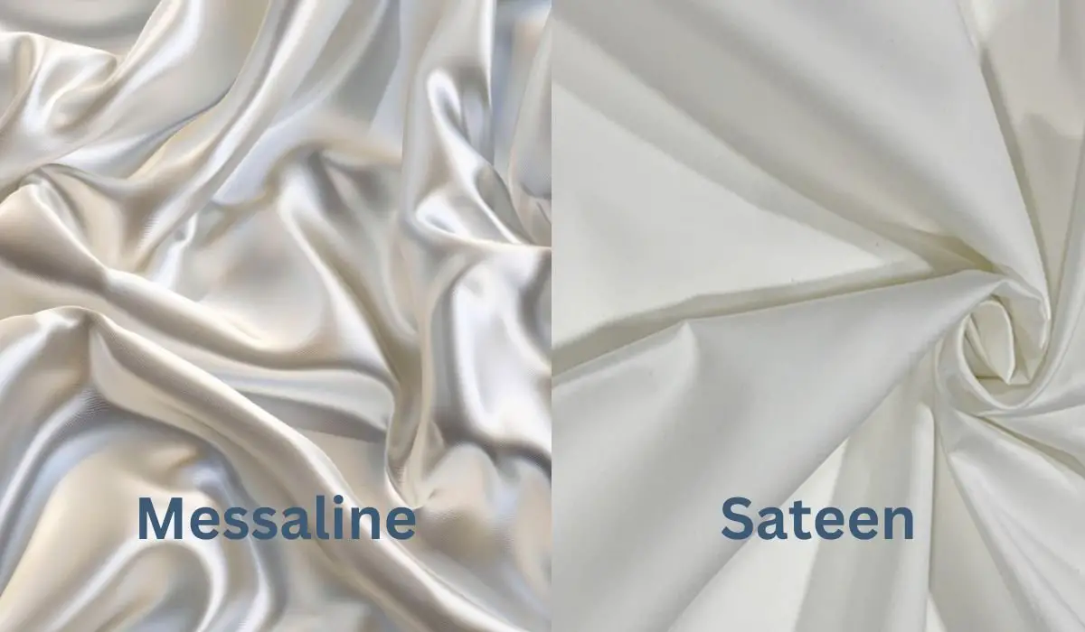 Comparison of glossy Messaline satin and matte white sateen fabric to showcase finish differences