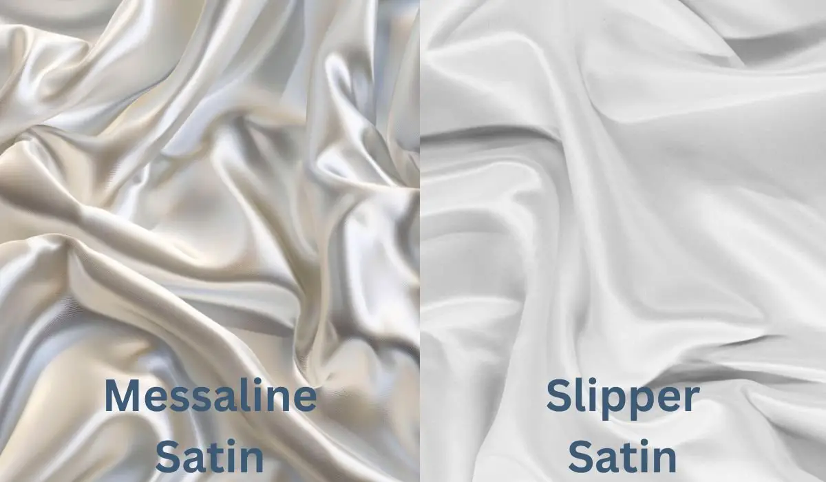 Side by side comparison of Messaline satin and Slipper satin illustrating differences in shine and weight