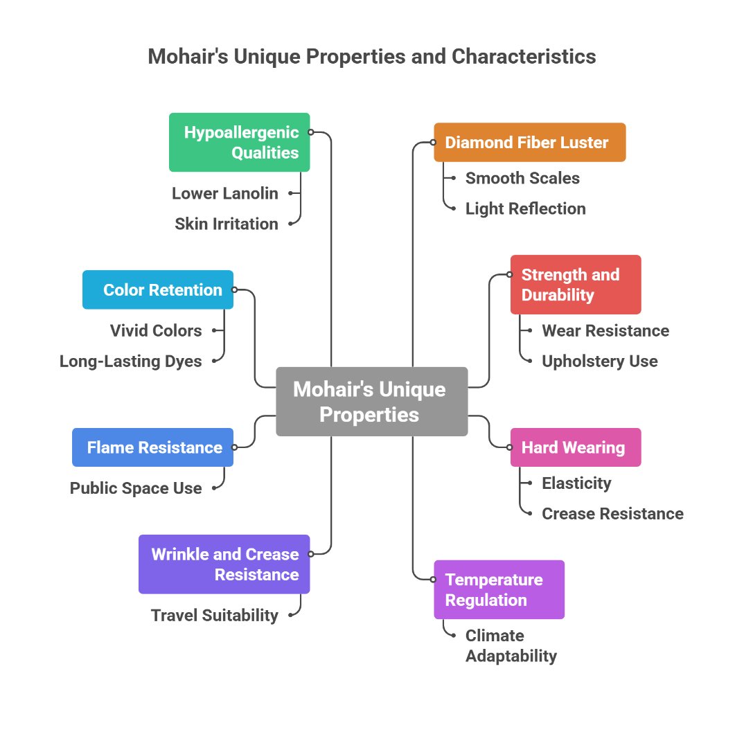 Diagram showing mohair properties like luster, durability, and climate adaptability