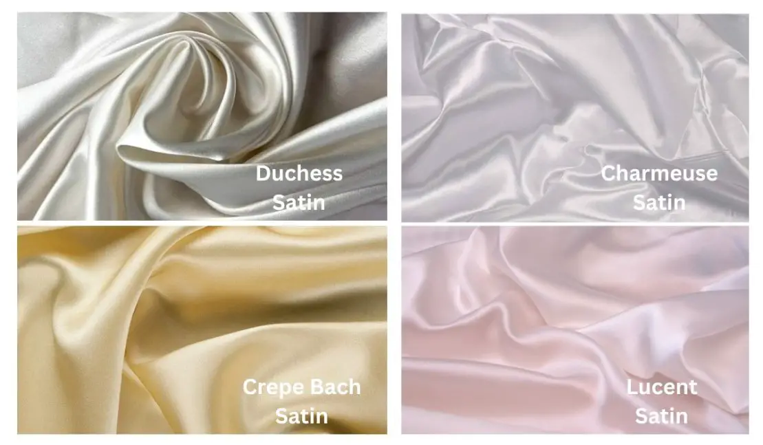 Comparison image showing duchess satin, charmeuse satin, crepe back satin, and Monroe satin