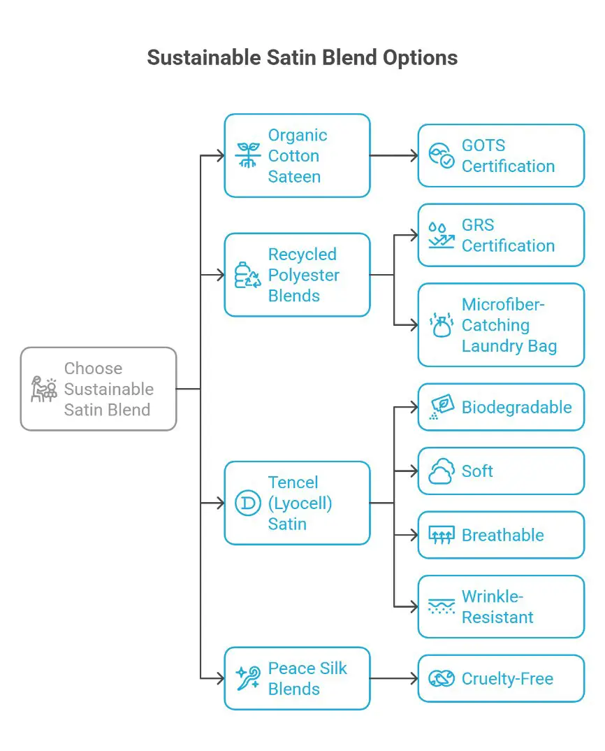 Diagram outlining sustainable satin blend materials and eco friendly certifications
