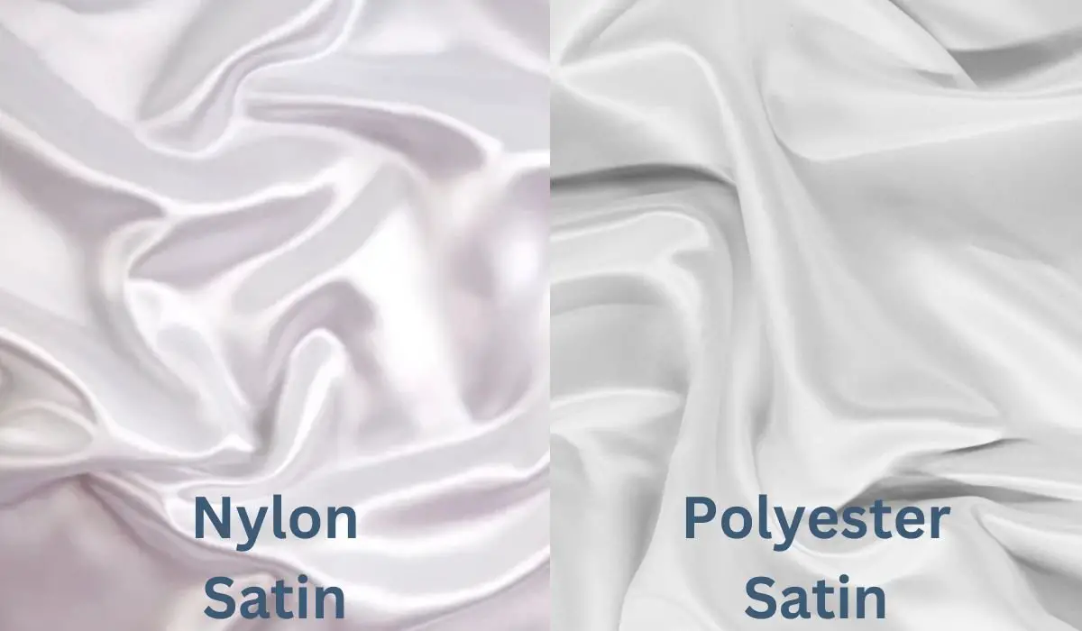 Side by side comparison of nylon satin and polyester satin showing differences in drape and surface appearance