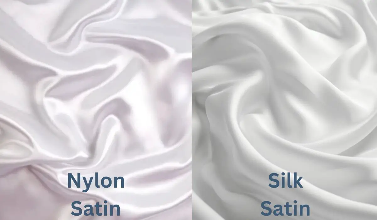 Comparison image showing nylon satin beside silk satin to illustrate differences in sheen and softness