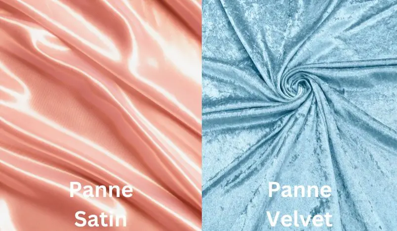 Side by side comparison of glossy panne satin and textured panne velvet fabric