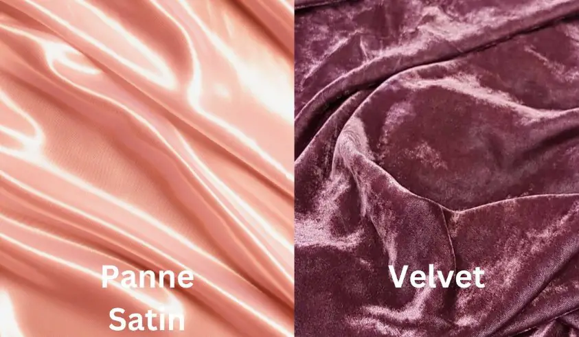 Side by side comparison of shiny panne satin fabric and soft textured velvet fabric