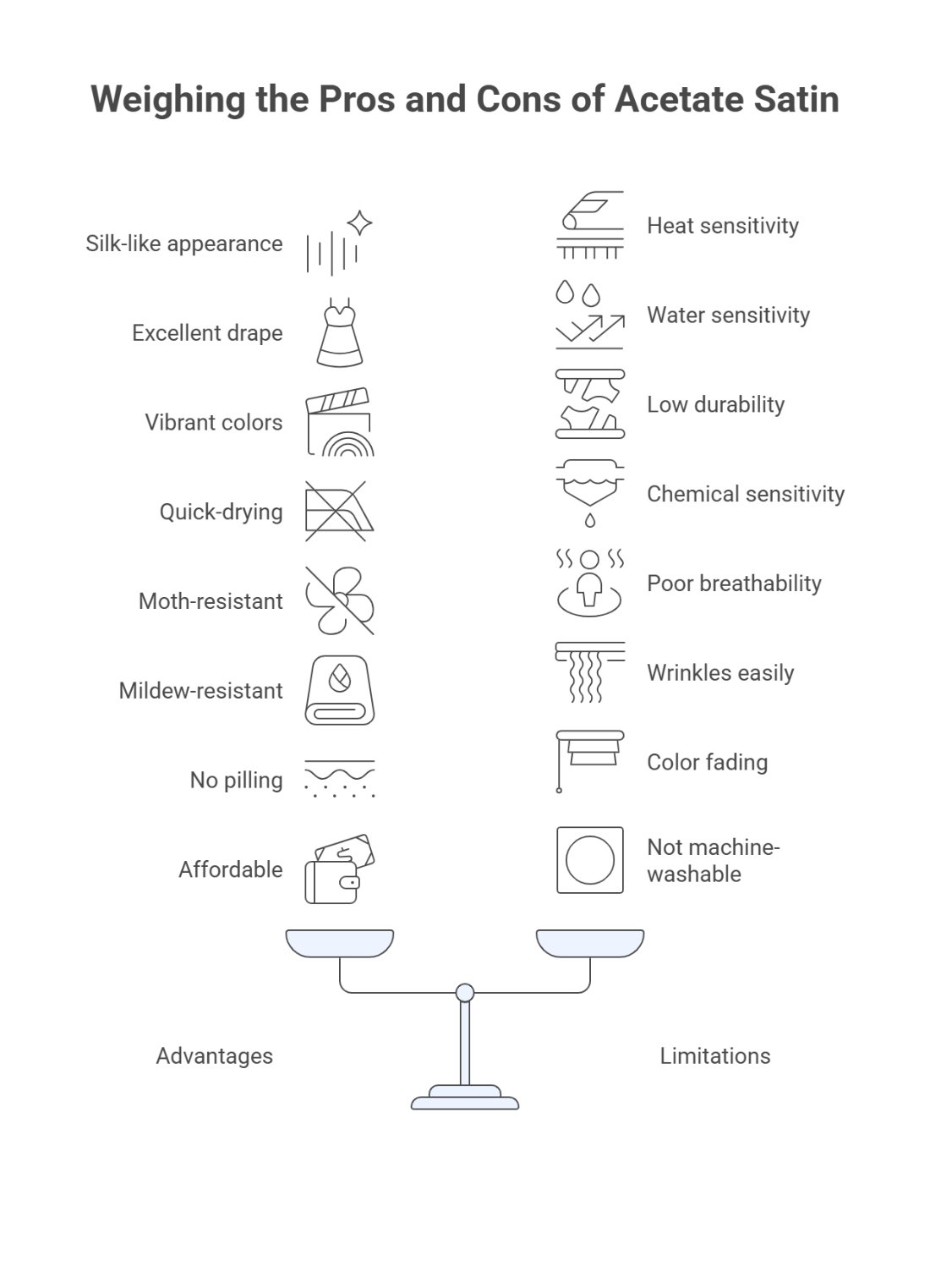 Infographic comparing the advantages and limitations of acetate satin fabric with icons illustrating qualities like drape, color vibrancy, quick drying, heat sensitivity, and low durability