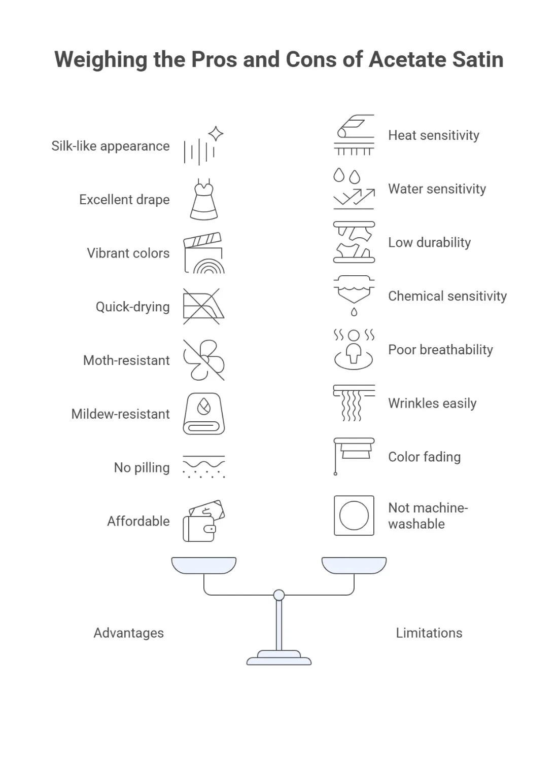 Infographic comparing the advantages and limitations of acetate satin fabric with icons illustrating qualities like drape, color vibrancy, quick drying, heat sensitivity, and low durability