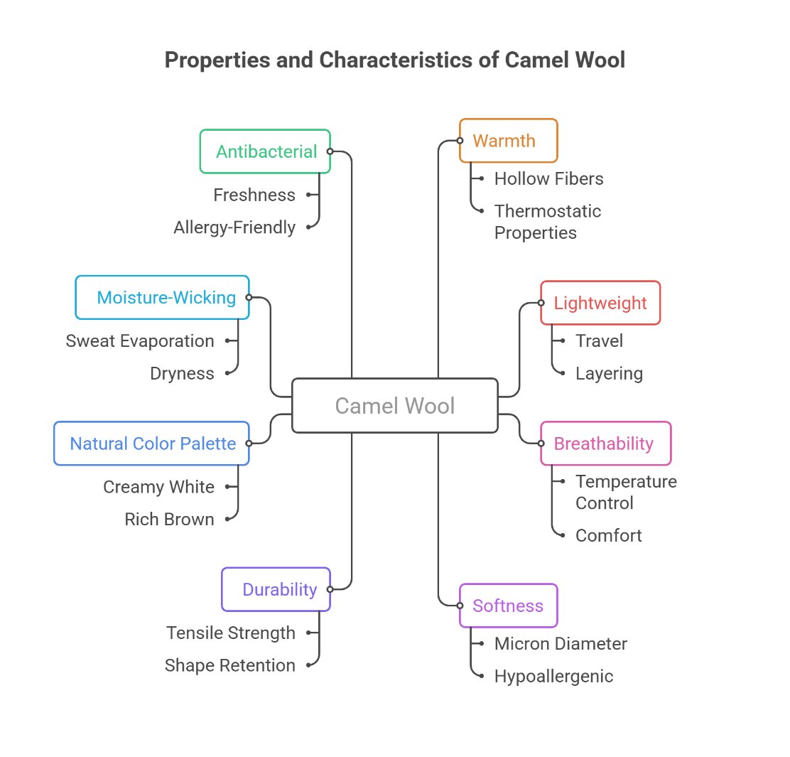 Diagram explaining the properties and benefits of camel wool fiber