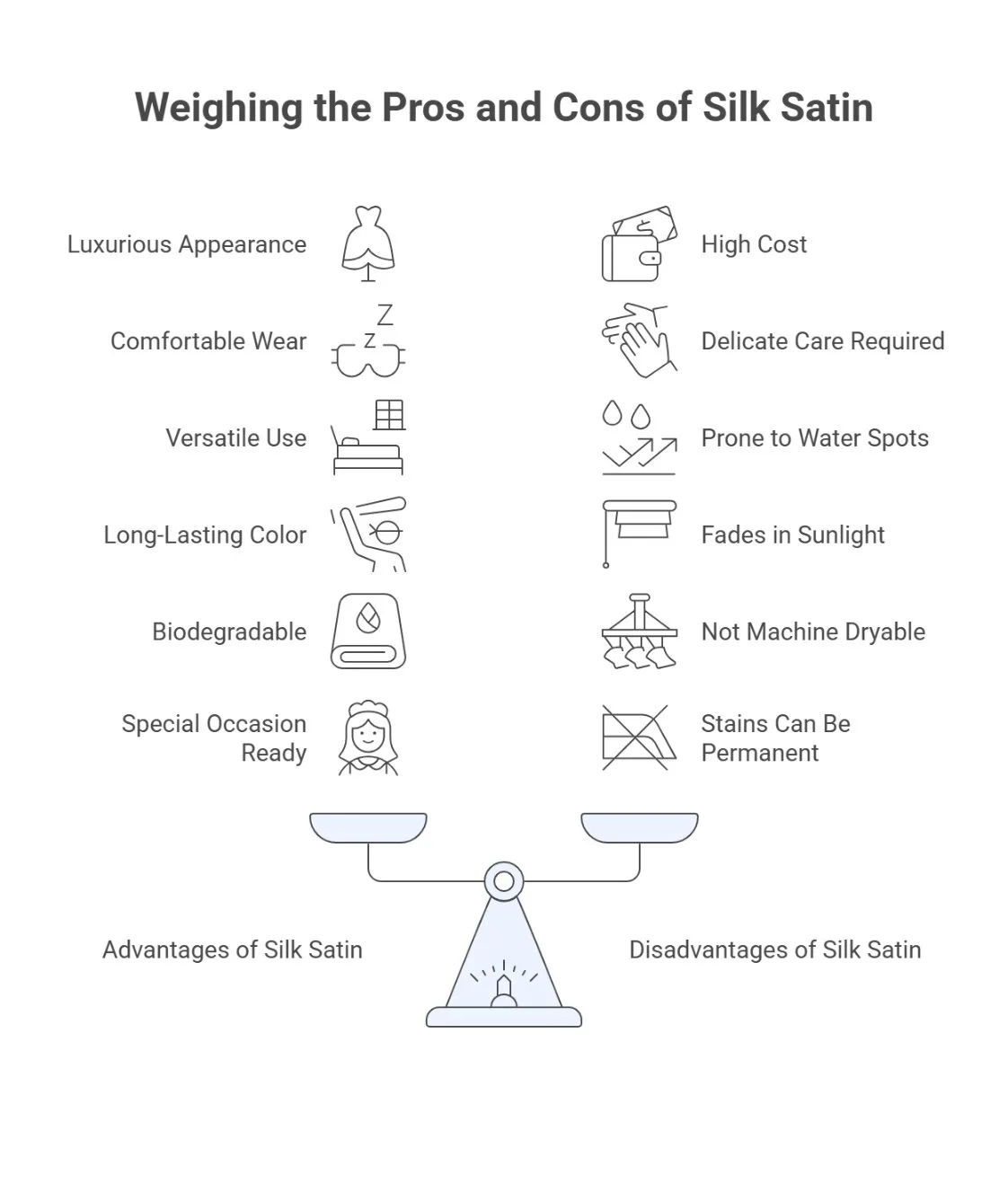 Infographic comparing the advantages and disadvantages of silk satin with icons representing comfort, sustainability and care needs