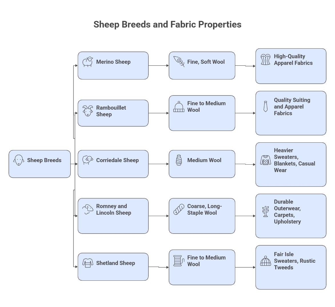 Diagram showing sheep breeds and their wool fabric properties