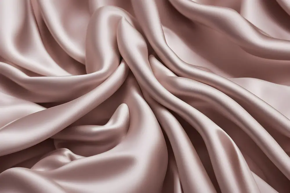 Close up of champagne colored silk satin fabric arranged in soft folds to highlight its shine and smooth texture