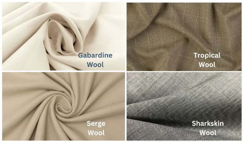Smooth worsted wool fabrics including gabardine, tropical wool, serge, and sharkskin