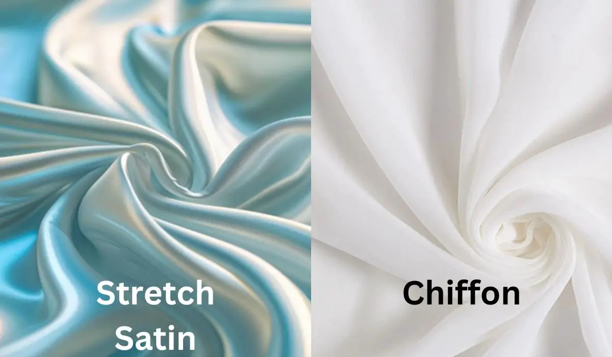 Comparison of stretch satin and chiffon fabrics showing differences in weight and transparency