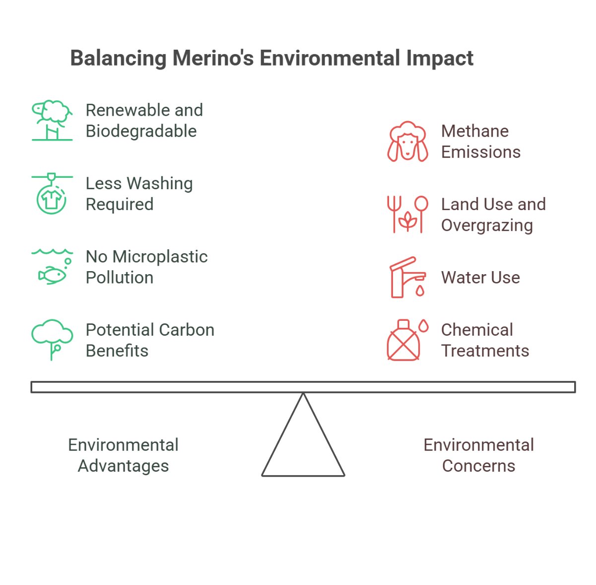 Infographic showing environmental advantages and concerns of merino wool production