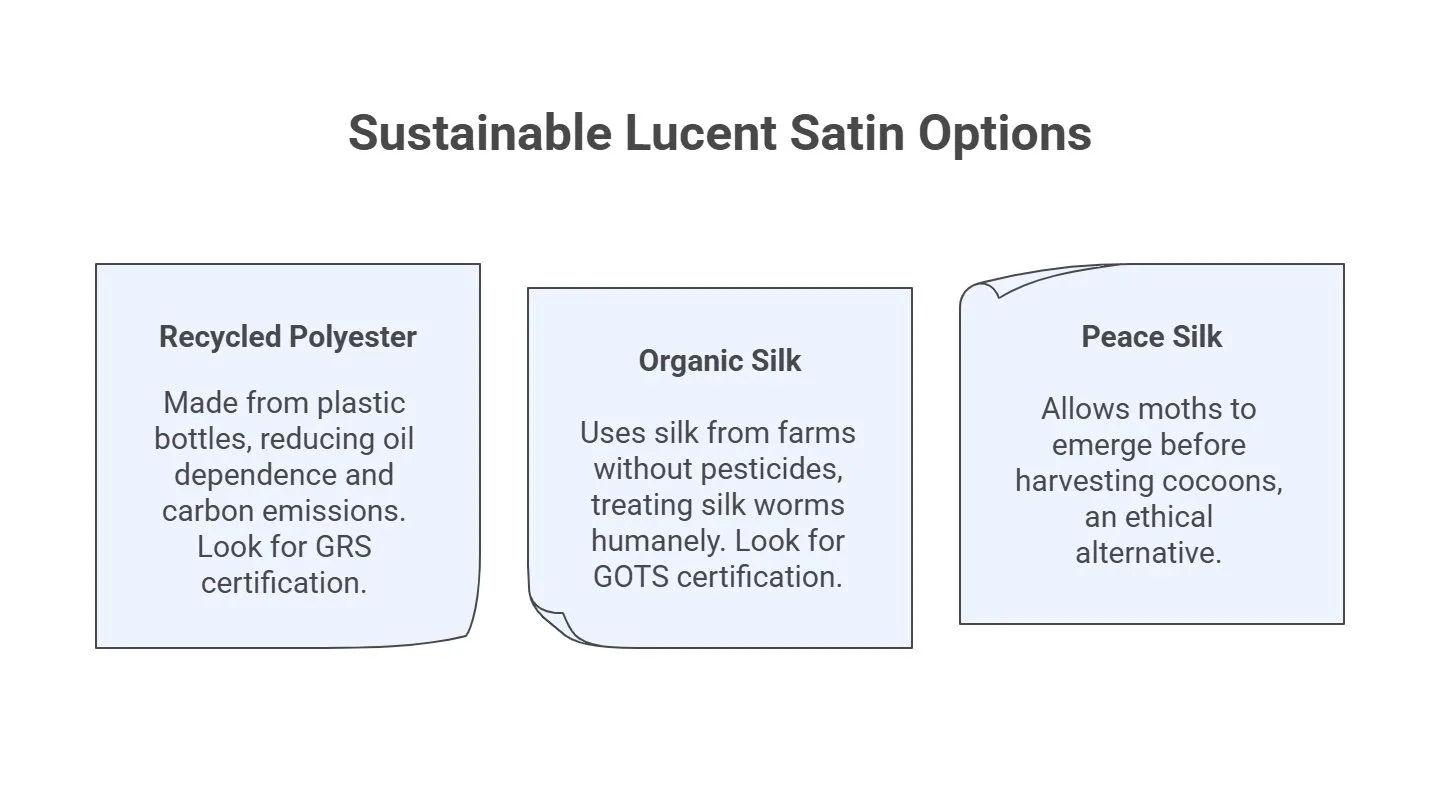 Infographic showing eco friendly lucent satin options including recycled polyester, organic silk, and peace silk
