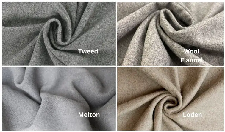 Textured woolen fabrics including tweed, flannel, melton, and loden