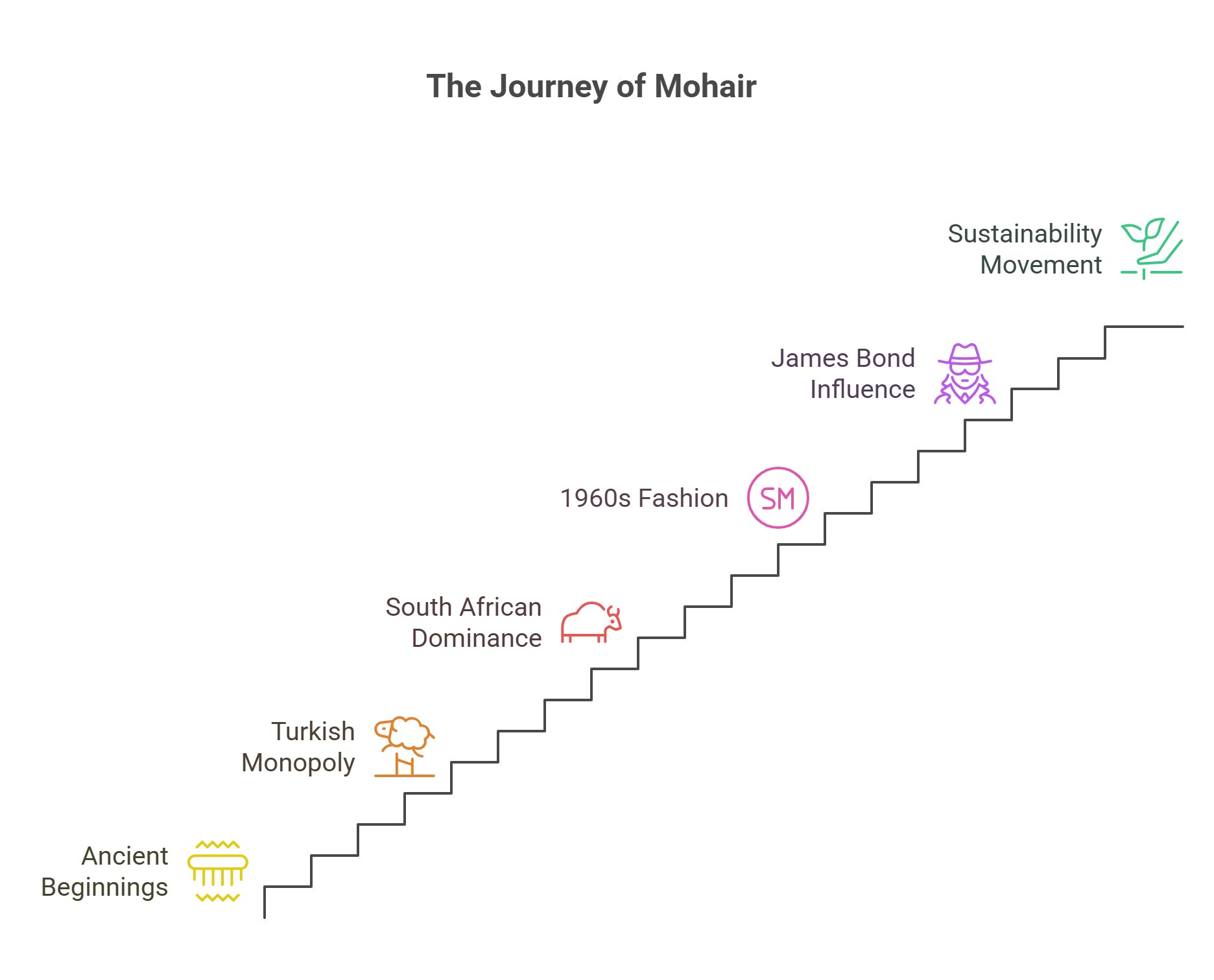 Timeline infographic showing the historical journey of mohair from ancient origins to modern sustainability