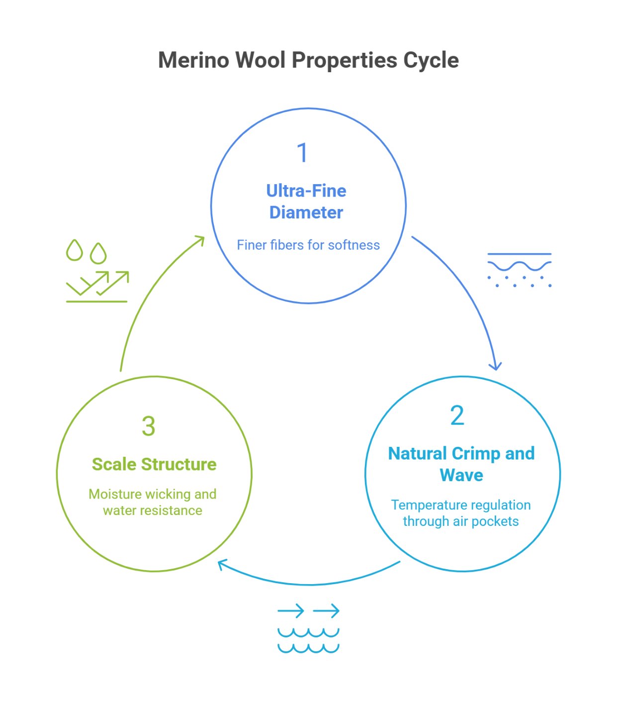 Diagram explaining the merino wool properties cycle including fiber diameter and crimp