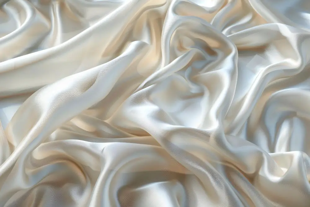 Close up of satin fabric showing smooth surface, fluid folds, and reflective satin weave structure