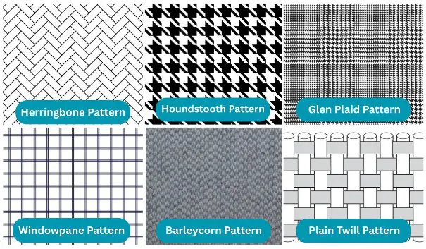 Common tweed patterns including herringbone, houndstooth, glen plaid, and windowpane