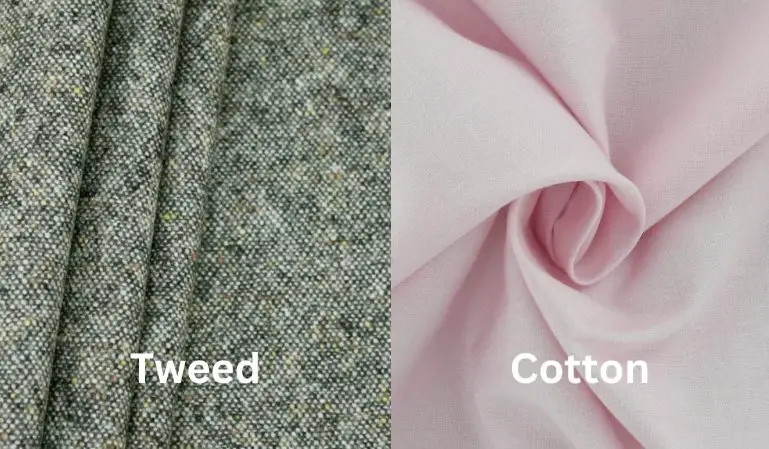 Tweed and cotton fabric comparison showing texture, thickness, and weave differences