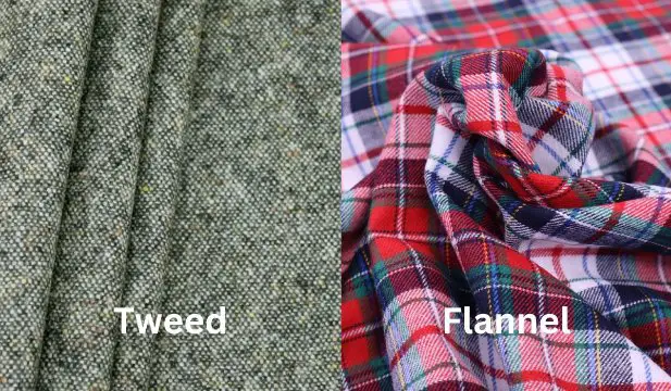 Tweed and flannel fabric comparison showing weave density and surface softness