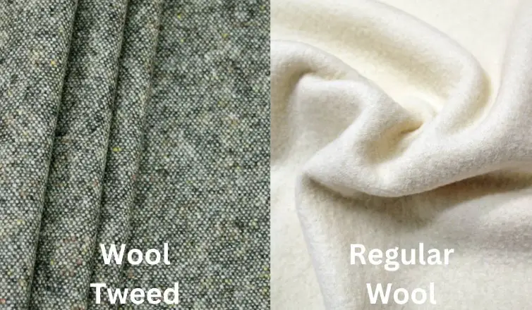 Wool tweed and regular wool fabric comparison showing texture, weave, and thickness differences