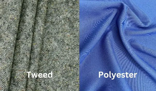 Tweed fabric compared with polyester fabric showing natural and synthetic texture differences