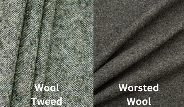 Wool tweed and worsted wool comparison showing weave density and surface finish