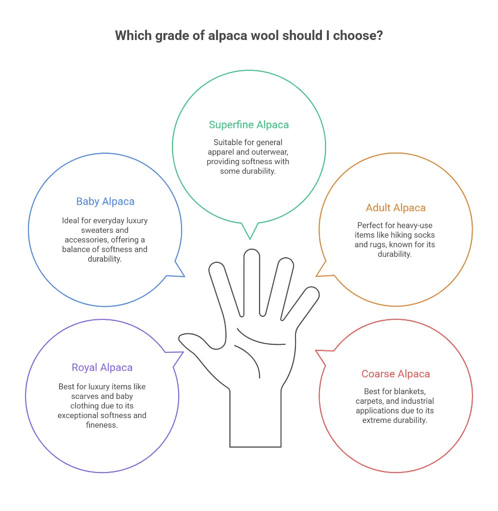 Infographic explaining different grades of alpaca wool and their best uses