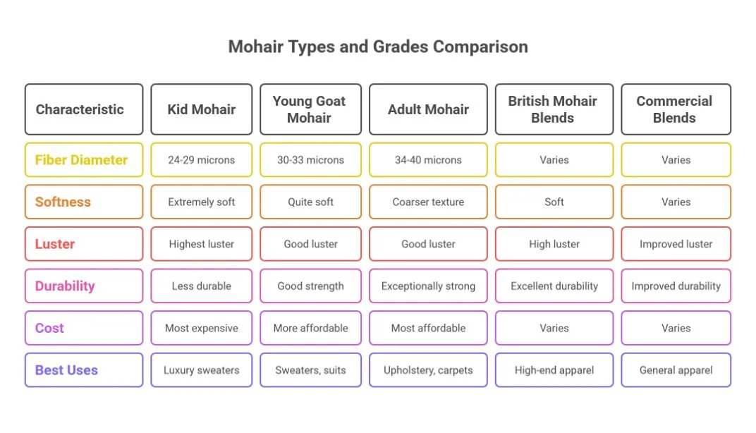 Comparison chart showing different types and grades of mohair fiber and their characteristics