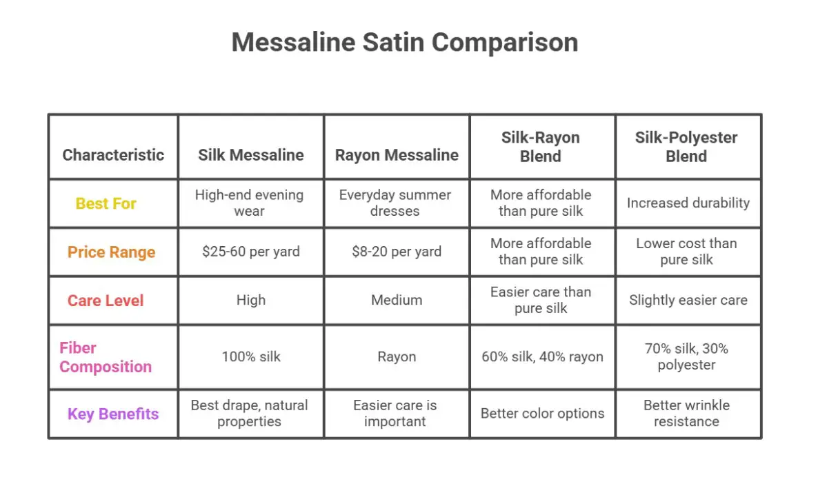 Table comparing different types of Messaline satin including silk, rayon, and blended variations