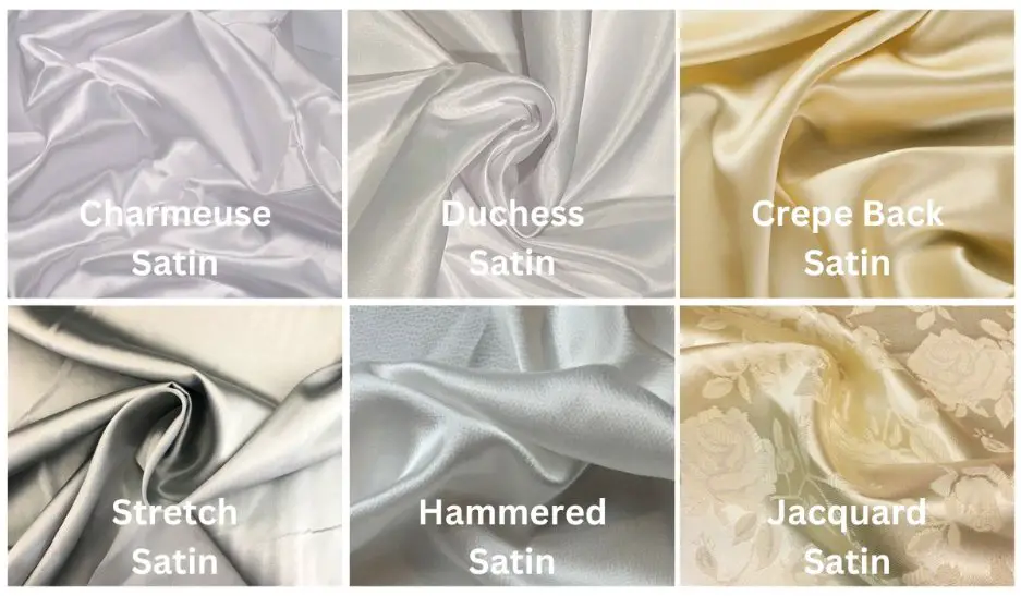 Collage of six polyester satin varieties including charmeuse, duchess, crepe back, stretch, hammered and jacquard satin