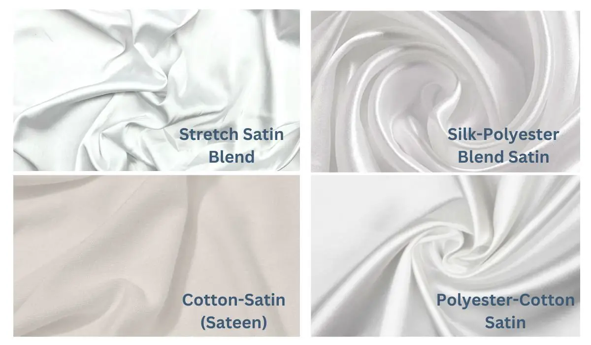 Comparison of satin blend fabrics including stretch satin blend, silk polyester satin, cotton sateen, and polyester cotton satin