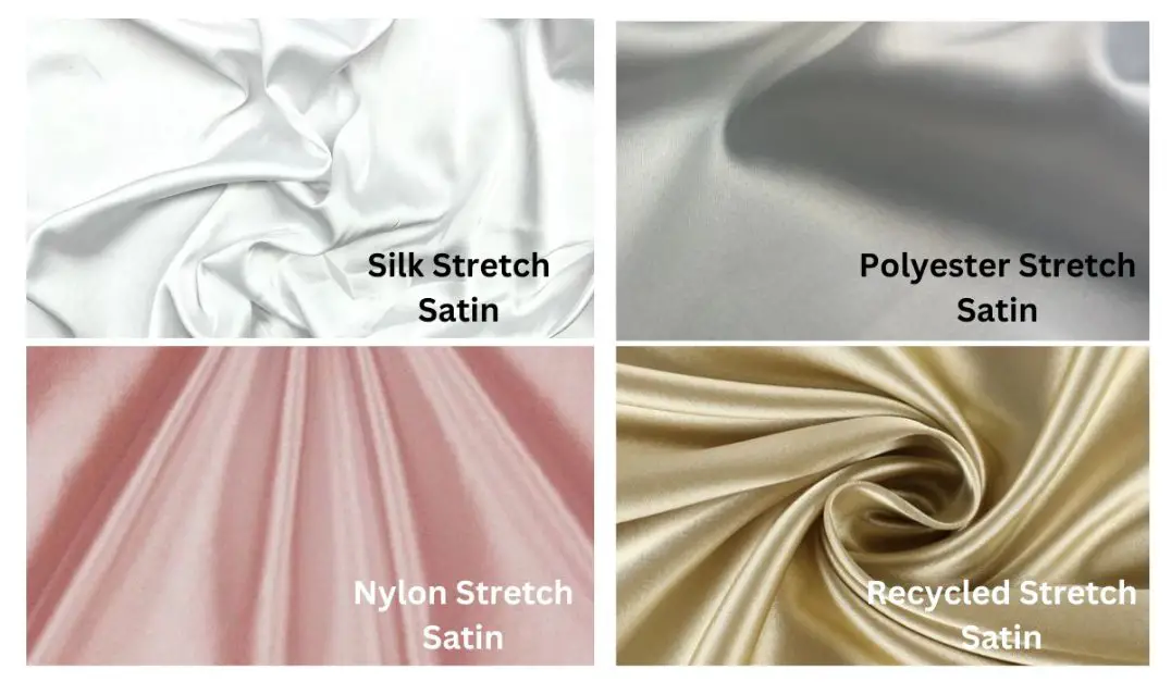 Comparison of stretch satin fabric types including silk stretch satin, polyester stretch satin, nylon stretch satin, and recycled stretch satin