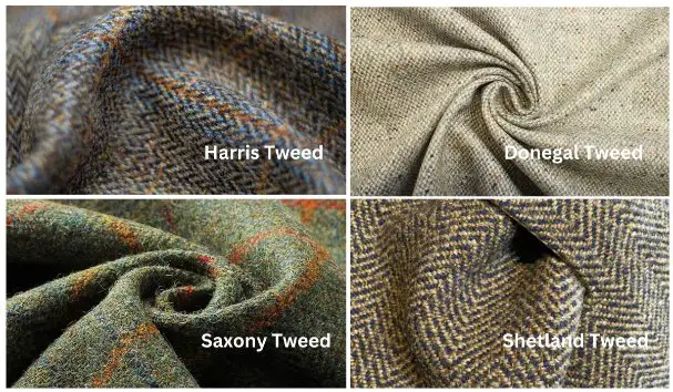 Different types of tweed fabric including Harris tweed, Donegal tweed, Saxony tweed, and Shetland tweed