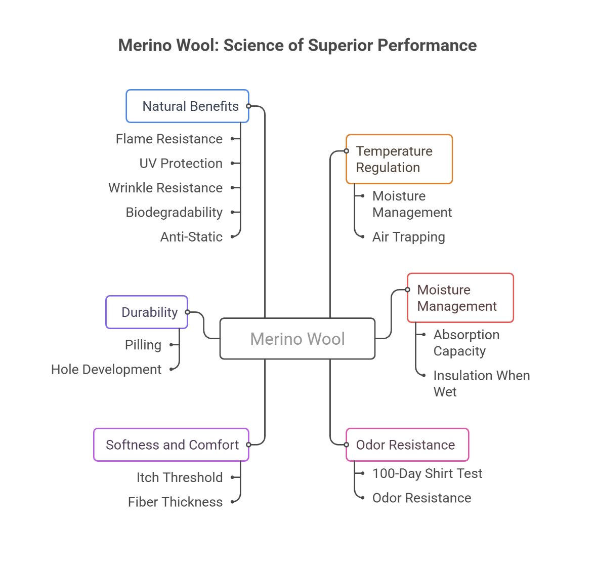 Infographic explaining merino wool performance features like odor resistance and temperature control