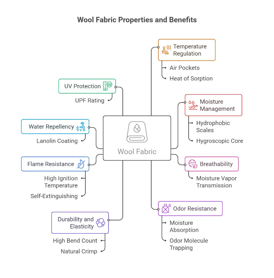 Diagram explaining wool fabric properties and performance benefits
