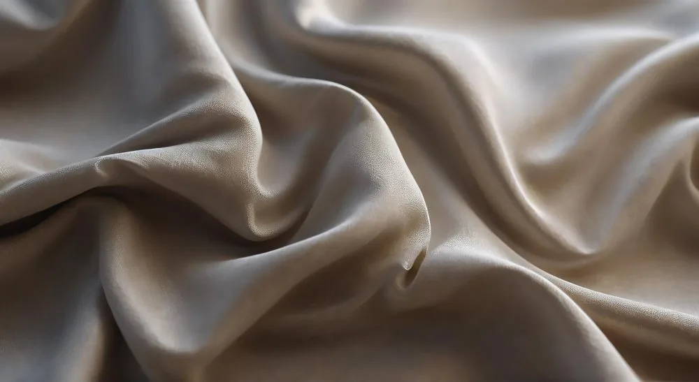 Tan acetate satin fabric draped in deep folds showing areas where texture irregularities or wear may occur