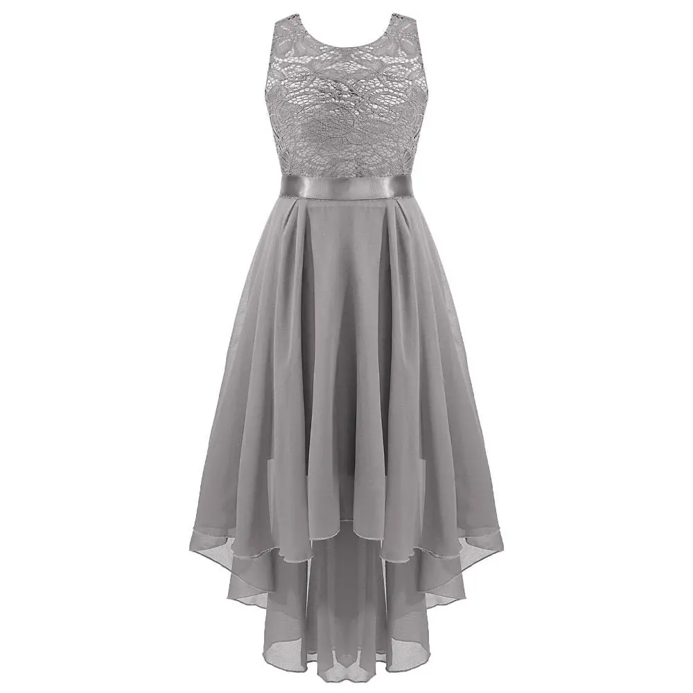 Sleeveless grey junior bridesmaid dress with lace bodice and flowing chiffon skirt