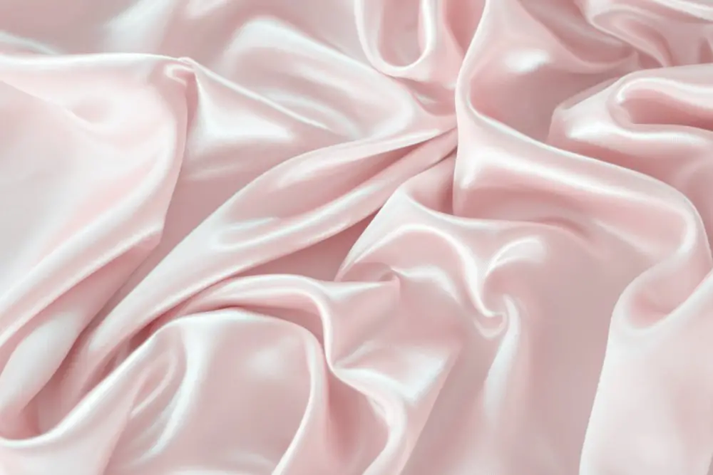 Close up of soft pink Monroe satin fabric with fluid folds and subtle shine