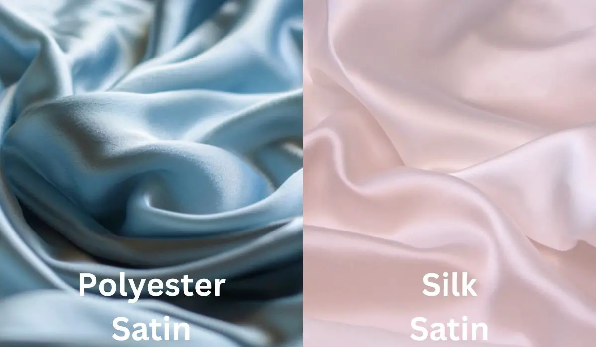 Side by side comparison of polyester satin and silk satin showing differences in texture and sheen