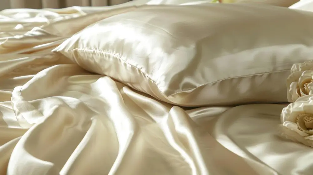 Satin blend pillowcases and bedding arranged on a bed with soft lighting
